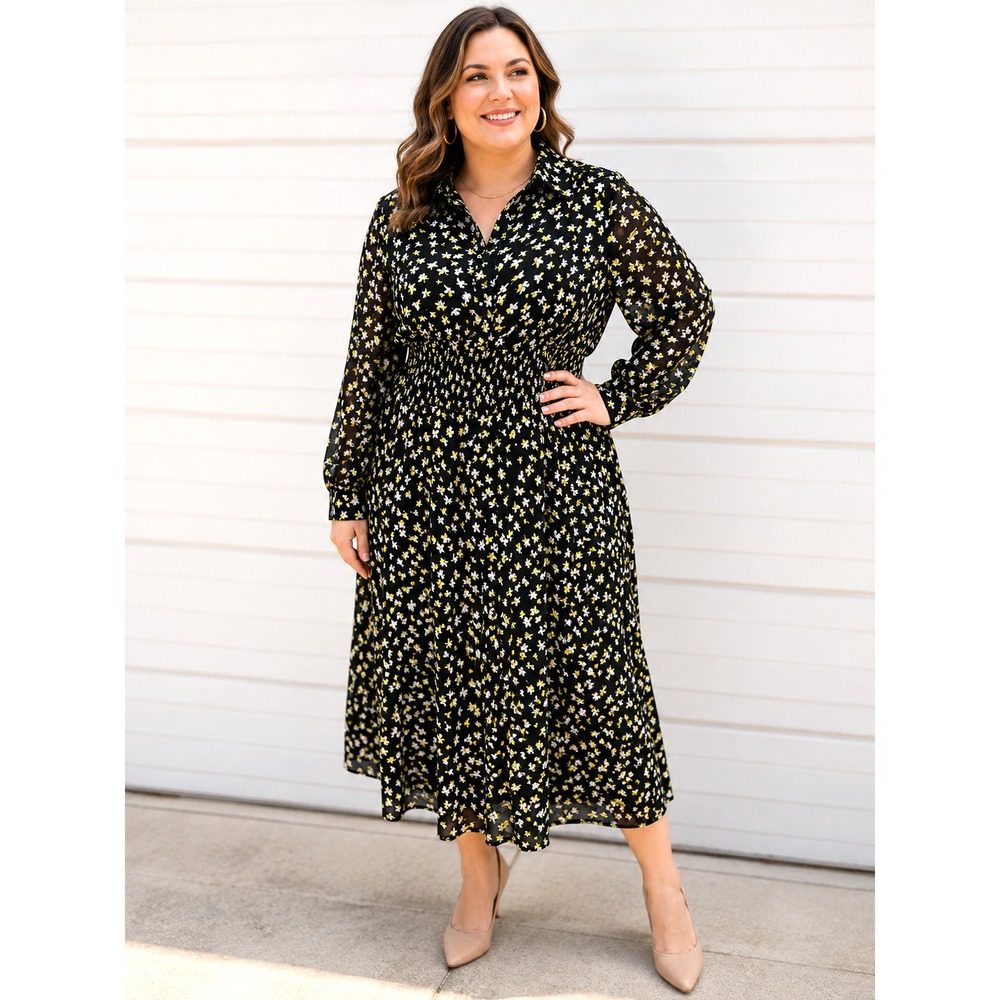 Michael Kors Long Sleeve Shirt Dress Womens XXL Smocked Waist Tossed Lillies